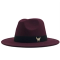 Classic wine red wool fedora hat with black ribbon and gold eagle metal badge accent - Adjustable / Burgundy
