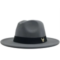 Detail of grey wool fedora hat featuring a black ribbon and gold eagle badge - Adjustable / Gray
