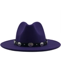 Dark purple wool fedora hat with black leather belt and vintage silver metal buckles - Adjustable / Purple