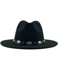 Classic black wide brim wool fedora hat with vintage silver metal studded belt accent - Adjustable / Black