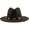 Classic dark brown felt fedora hat featuring a black leather belt with silver metal buckles - Adjustable / Coffee