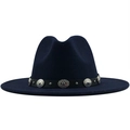 Dark blue wool fedora hat featuring a thin black leather band with silver metal accents - Adjustable / Navy Blue