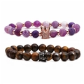 Kralenarmbanden set met tijgeroog en paarse agaat met roségouden en zilveren kroontjes - Verweerde Agaat Set