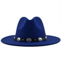 Detail of bright blue wool fedora hat featuring black leather belt and silver metal studs - Adjustable (56-58cm) / Blue