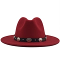 Detail of dark red wool fedora hat featuring a black leather belt with silver metal studs - Adjustable (56-58cm) / Red