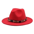 Close-up of red wool fedora hat with black leather band and metal eyelet details - 55-58cm / Red