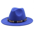 Detail of royal blue wool fedora hat featuring a black leather band and silver eyelets - 55-58cm / Blue