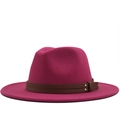 Classic rose red wool fedora hat with wide flat brim and brown leather band detail - Rose Red