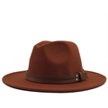 Close-up of rust red wool felt wide brim hat with leather band and metal rivets - Caramel color