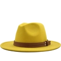 Classic bright yellow wool fedora hat with wide brim and brown leather band detail - M (56-58cm) / Yellow