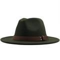Macro view of dark green wool fedora texture and brown leather strap with metal studs - M (56-58cm) / Green