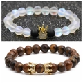 Matte agate and tiger eye crown beaded bracelets for couples in stylish set - Tiger Eye Moonstone Crown Set A