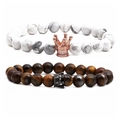 Tiger eye and white turquoise beaded bracelets with rhinestone crown charms in luxury style - Rose Gold Crown Set (Howlite + Tiger Eye)