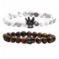 Tiger eye and white howlite crown beaded bracelets for couples on plain background - Gun Black Crown Set (Howlite + Tiger Eye)