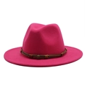 Close-up of fuchsia felt jazz hat featuring brown leather band and metal skull ornament - M (55-58cm) / Rose Red