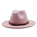 Detail of pink fedora hat featuring a brown leather band and metal skull buckle - M (55-58cm) / Pink