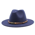 Detail view of navy fedora with brown leather band and vintage skull metal buckle - M (55-58cm) / Navy Blue