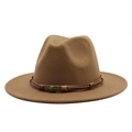 Close-up of brown wool jazz hat featuring dark cord and bronze skull emblem buckle - M (55-58cm) / Light Coffee
