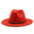 Detail of red wool felt fedora featuring a vintage skull metal charm on a braided cord band - M (55-58cm) / Orange Red