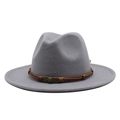 Detail of grey wool fedora hat with brown leather band and metallic skull ornament - M (55-58cm) / Light Gray