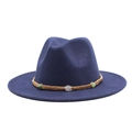 Close-up of navy wool fedora with a braided ethnic band and green bead ornaments - Navy Blue