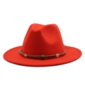 Detail of red wool felt fedora with braided brown band and ethnic bead ornaments - Orange Red