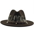 Dark brown wool felt fedora hat featuring decorative feathers and ethnic style ribbons - Coffee