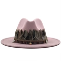 Pink wide brim fedora hat featuring bohemian feather trim and vintage coin charm - Pink