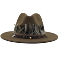 Detail of wool fedora with bohemian feather trim, ethnic woven band, and coin charms - Khaki