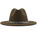 Detailed view of brown felt fedora hat featuring a chunky silver chain band decoration - M(56-58cm) / Khaki