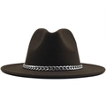 Detail view of dark brown wool fedora hat featuring a silver metal chain decorative band - M(56-58cm) / Coffee