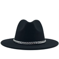 Classic black wool fedora hat with flat brim and decorative silver Cuban link chain - M(56-58cm) / Black
