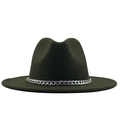 Detail of a dark olive green fedora hat featuring a chunky silver metal chain band - M(56-58cm) / Green
