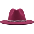 Detailed view of the rose red wool fedora hat with a bold silver metal chain band - M(56-58cm) / Rose Red