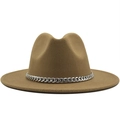 Detail of camel wool fedora hat featuring a chunky silver metal chain band decoration - M(56-58cm) / Camel