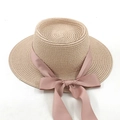 Cappello di paglia beige con nastro di raso rosa e fiocco per protezione solare estiva - M (56-58cm) / Rosa