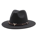 Classic black wool fedora hat with wide brim and western style leather cattle buckle band - M (55-58cm) / Black