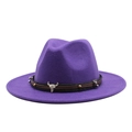 Detail of purple fedora hat with brown leather band and silver bull skull metal buckle - M (55-58cm) / Purple