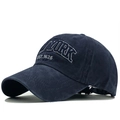 Navy blue washed cotton baseball cap with white New York embroidery on white background - Adjustable / Navy Blue