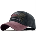 Washed cotton baseball cap with skull patch and vintage distressed stitching design - Gray Crown Wine Red Brim (Red)