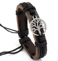 Retro brown leather bracelet with silver Tree of Life charm and black braided cords - Brown Leather Black Cord