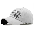 Detail view of white cotton baseball cap with Ways embroidery and New York City patch - White