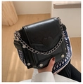 Classic black leather crossbody bag with heart ornament and wide fabric strap - Black