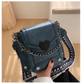 Dark blue PU leather crossbody bag with black heart detail and patterned wide strap - Blue