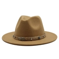 Close-up of camel wool fedora featuring a braided band with a metal scorpion and turquoise - Camel