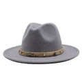 Detail of dark grey wool fedora featuring a woven band with vintage metal scorpion ornament - Light Gray