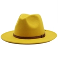 Detail of yellow fedora hat featuring a brown leather band and metal buckle accent - M (55-58cm) / Yellow