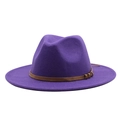 Classic dark purple wool fedora hat with flat brim and brown leather belt trim for adults - M (55-58cm) / Purple