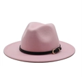 Close-up of pink wool fedora hat featuring a black leather band and gold metal buckle - Pink