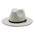 Detail of white wool fedora hat with a black leather band and gold metal buckle - White